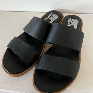 Sorel Ella II Women’s 7 Shoe Black Leather Comfort Casual Slides Flat Sandals
